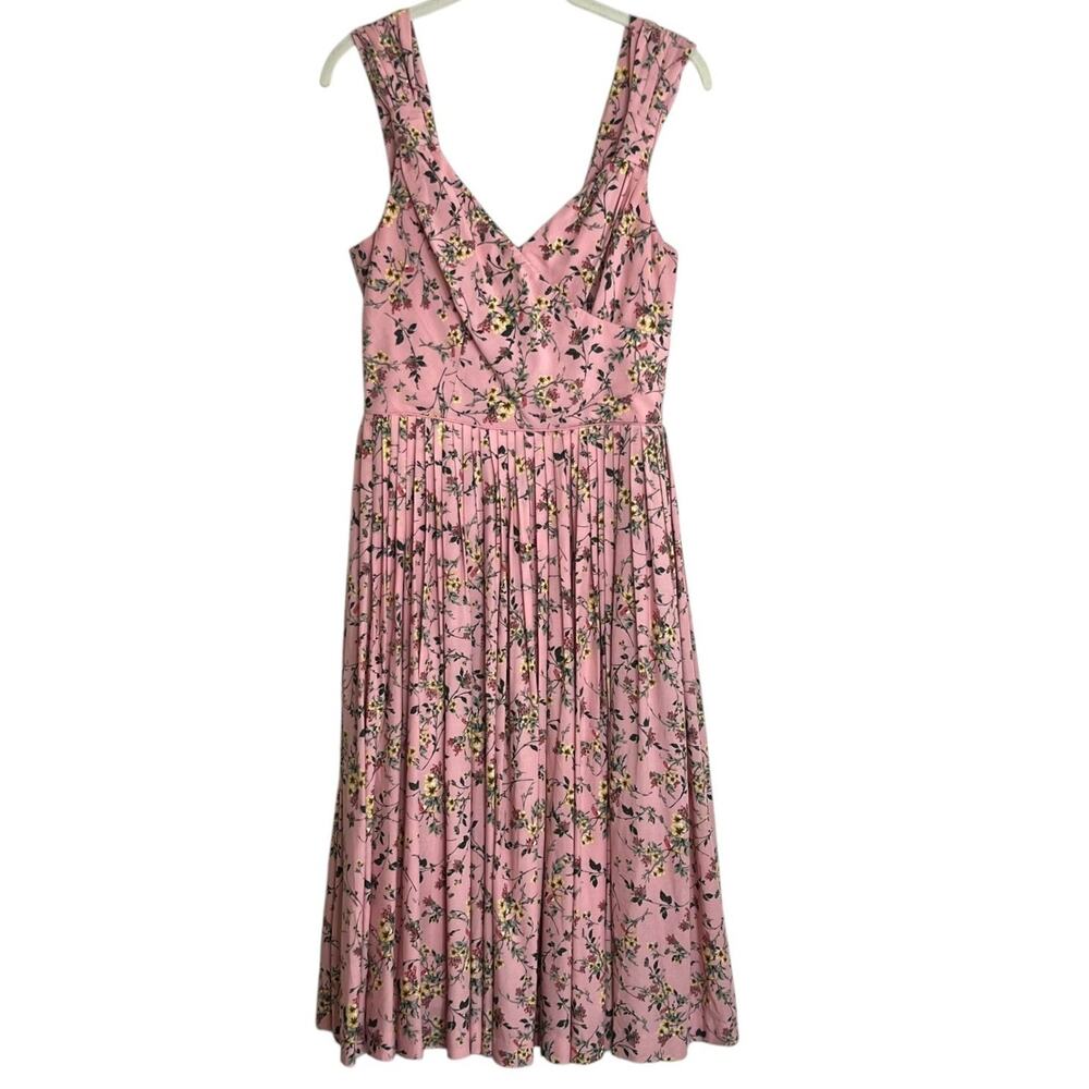 Gal Meets Glam Womens Floral Pleated Midi Dress Pockets Pink Size 4 Rayon